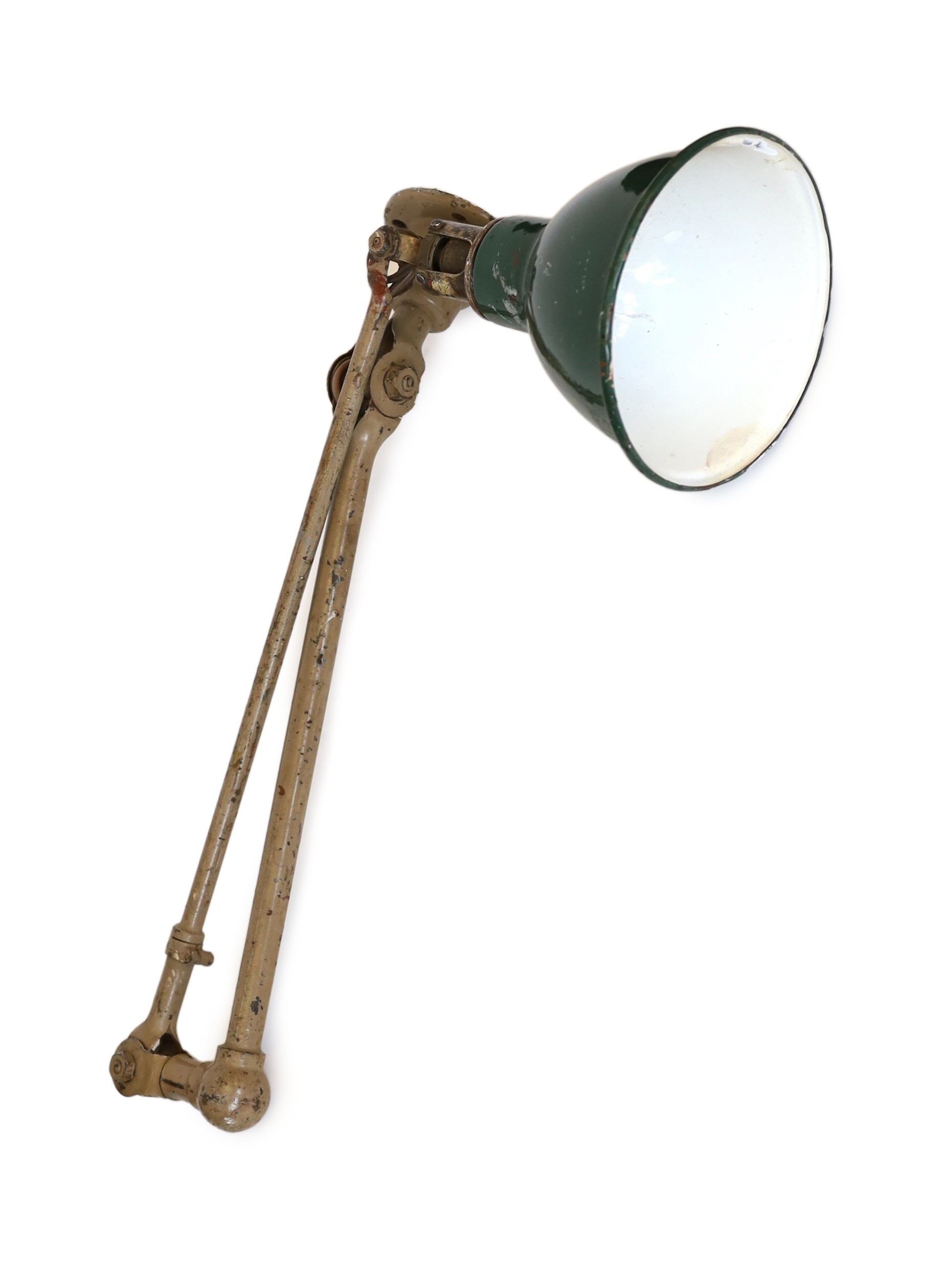 A 1920s Dugdill’s painted and enamelled metal adjustable work bench lamp, height 51cm at the bend